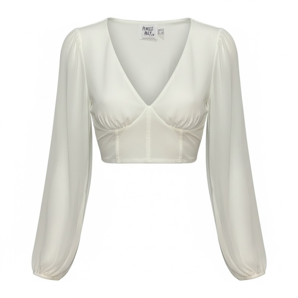 Princess Polly Ivory V-Neck Cropped Blouse with Sheer Sleeves